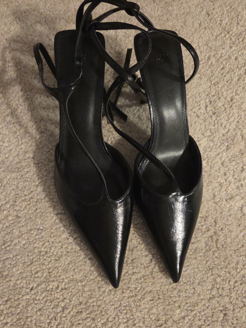 H&M Black Pointed Slingback Heels with Wrap Straps